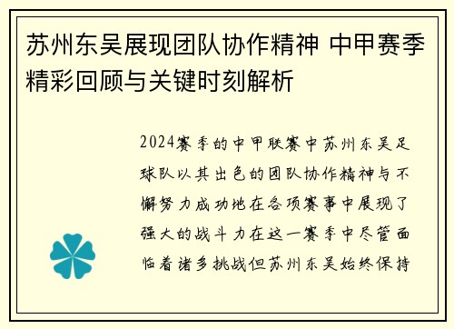 苏州东吴展现团队协作精神 中甲赛季精彩回顾与关键时刻解析 苏州东吴展现团队协作精神 中甲赛季精彩回顾与关键时刻解析