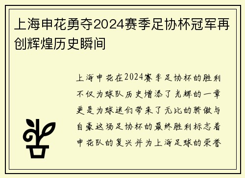 上海申花勇夺2024赛季足协杯冠军再创辉煌历史瞬间 上海申花勇夺2024赛季足协杯冠军再创辉煌历史瞬间